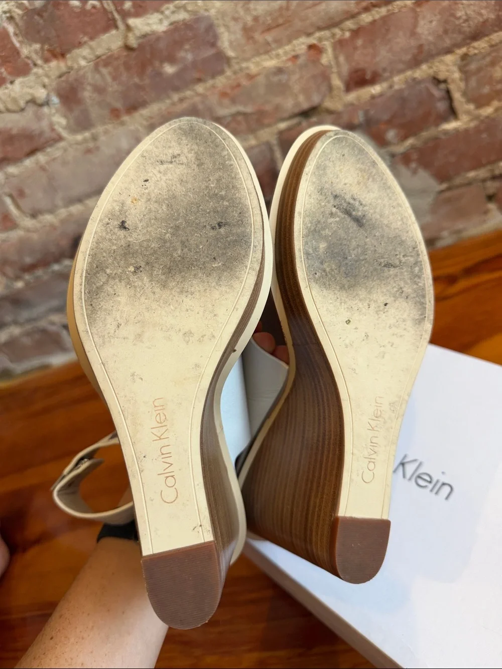 Calvin Klein White and Silver Wedge Sandals with Wood-Look Heel
